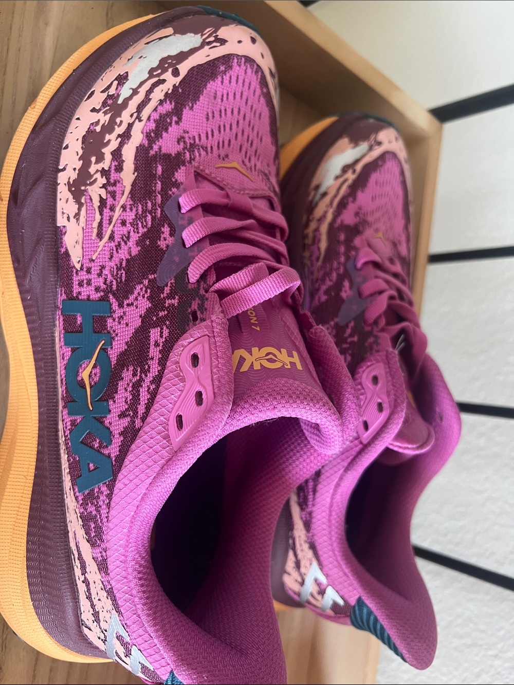 Hoka Pink and Orange Trail Sneakers